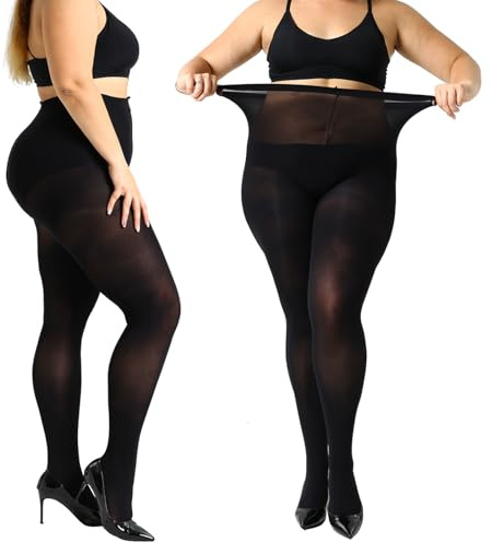 MANZI 2 Pairs 70 Denier Women's Plus Size Tights Stretch Opaque Control Top Tights Black XX-Large