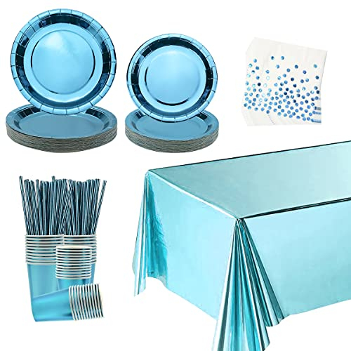 Party-Geschirr-Set mit dunkelblauen Goldpunkten – Teller, Tassen, Servietten, Banner, Tischdecke, Strohhalme – für Hochzeit, Geburtstag, Jubiläum, Babyparty, für 25 Gäste (A) (Blau)