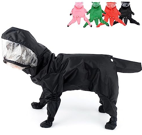 Zunea Wasserdichter Hunderegenmantel mit Kapuze für kleine Hunde Welpen Regenponcho Overall mit Regenstiefeln Vierbeiner Slicker Regenschutz Regenbekleidung Haustier-Regenjacke Regenmantel Schwarz XL