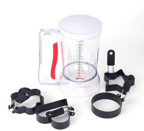 Distributeur de pâte à crêpes avec poignée à presser pour un contrôle précis des portions, séparateur de pâte à 4 tasses pour biscuits, gâteaux, gaufres, muffins avec 4 moules à œufs
