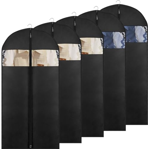 5 Pack - Moucas 50 Black Garment Bag, Mens Suit Bags for Closet Storage and Travel, Garment Bags for Hanging Clothes, Suit Cover Bags with Zipper for Coats, Dresses, Shirts
