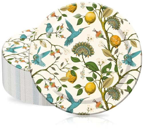40Pcs Lemon Paper Plates Vintage Bird Leaves Disposable Plates 9 Inch Decorative Dessert Appetizer Plate for Spring Summer Wedding Birthday Dinner Party Supplies