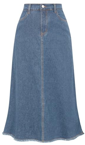Belle Poque Blue Business Light Blue Maxi Denim Skirt Plus Size Flare Modest Chambray Jean Skirts with Pockets M