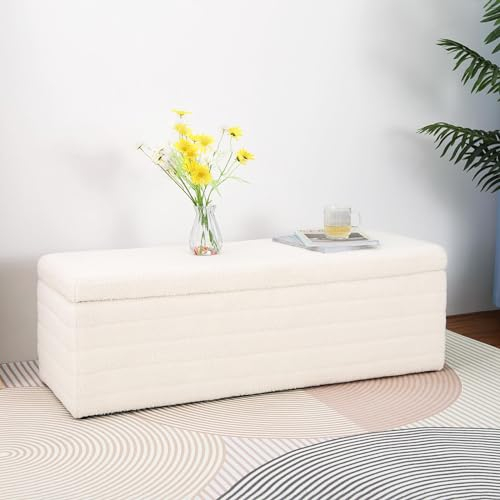 LEUTED Sitzbank mit Stauraum, Truhenbank mit Stauraum, Moderner Sitzbank Schlafzimmer Aufbewahrungsbox Teddystoff Fußbank Sitztruhe 118cm, Beige