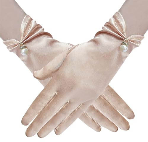 FSSTUD Guanti corti con perle, lunghezza al polso, guanti da sposa, guanti da sposa, guanti da ballo in raso, eleganti guanti da opera, guanti da donna, Champagne, 20 x 8cm (L x W)