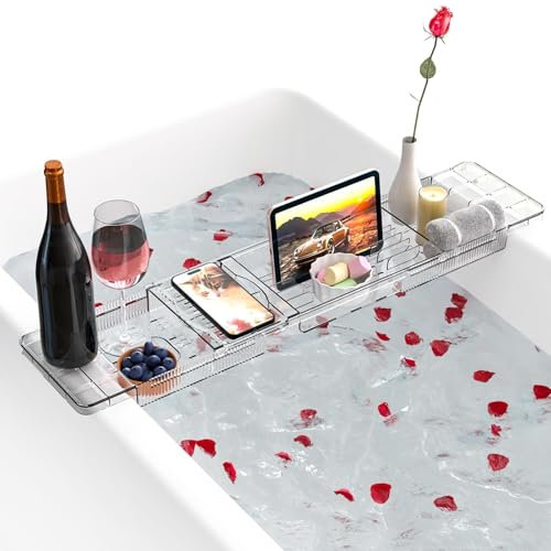 Plateau Baignoire, Pont de Baignoire en Acrylique, Tablette Baignoire Extensible, Planche Baignoire avec Support pour Bougie, Verre à Vin, Livre, Tablette, Ipad et Téléphone, Plateau Salle de Bain