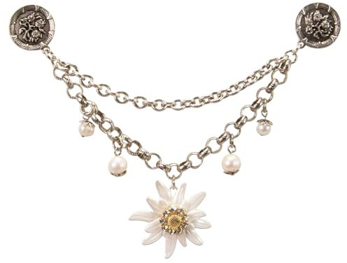 Alpenflüstern Dirndl-Pin-Charivari Edelweiss Gretakurz - Hochwertiger Damen-Trachtenschmuck mit Perlen und Edelweiss, Dirndlkette für die Tracht, antik-silber-farben DCH047
