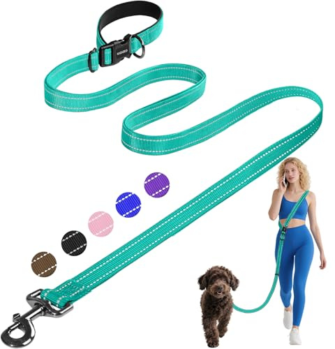 Kazazoo Hands-Free Dog Leash Adjustable Length 5-8 Ft, Waist for Dog Walking, Running for Small &Medium Dogs with Reflective Strips, Ballistic Nylon, Waist Belt, Lightweight Green