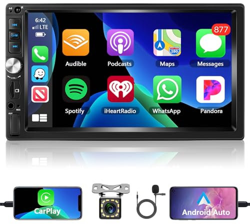 Motorsi 2 Din Autoradio Bluetooth con Carplay Android Auto, 7 Pollici Doppio Din Radio Auto con Schermo, Stereo Auto Supporto MirrorLink/FM/USB/AUX/EQ/SWC/7 Colori Retroilluminazione + Telecomando