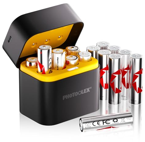 PHOTOOLEX uppladdningsbara litiumbatterier AA 16-pack med laddare, 3 600 mWh hög kapacitet 1,5 V högpresterande utgång AA-batterier med integrerad laddning förvaringslåda