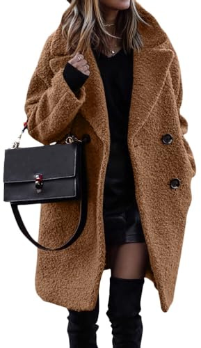 ORANDESIGNE Cappotto Invernale da Donna Fuzzy Vello Risvolto Manica Lunga Lapel Caldo Pelliccia Sintetica Outwear Giacca in Sherpa Cardigan A Cammello M