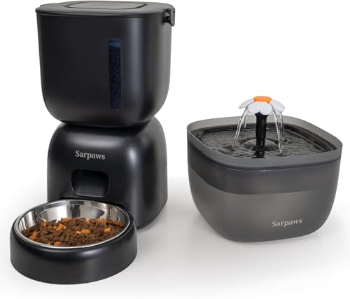 Automatic Cat Feeder and Water Dispenser FW1, Wire or Battery Cat Food Dispenser Timer Pet Feeder - Locking Lid, Desiccant Bag, 3L Programmable Portion Control, 4 Daily Meals, 10s Voice Recorder