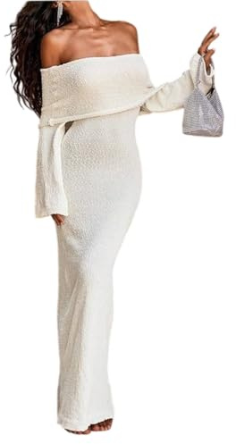 SOLY HUX Women's Off The Shoulder Long Sleeve Sweater Dress Party Formal Bodycon Maxi Dresses Plain Beige Small