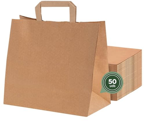 MAXI PRODUCTS - 50 Unidades - Bolsas Papel Kraft con Asa Plana - 40 x 12 x 32 cm - Bolsas Regalo - Bolsitas Personalizables - Eventos y Hotelería - Comunión, Cumpleaños, Bodas - PERSONALIZABLES
