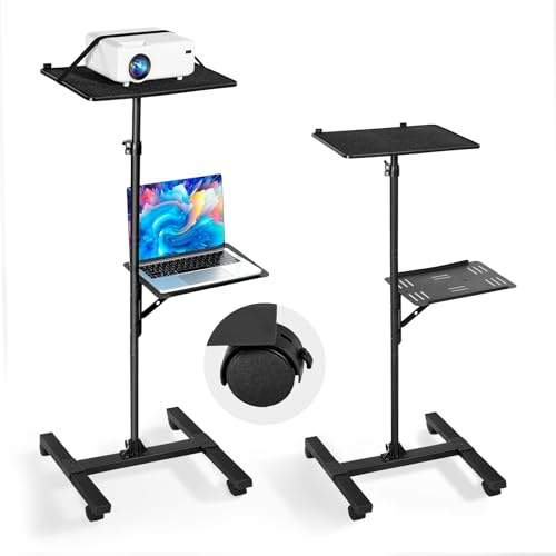 VEVOR Soporte Proyector Suelo Portátil, Altura Ajustable desde 860 a 1360 mm, con 2 Bandejas de Carga 5 kg, 360° Rotación, Compatible con Portátiles y Micrófonos, para Casa Oficina Escenario Reuniones