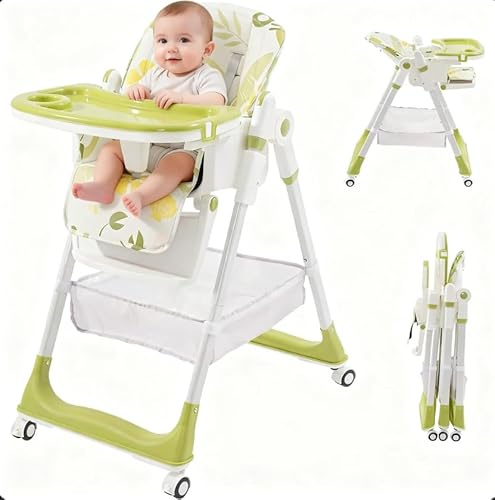 Foldable High Chair Baby, Adjustable Height with 5 Positions, 3-Level Reclining Seat&3 Footrest Levels. Baby High Chair from Birth with Detachable Double Tray.Baby Feeding Chair for Boys &Girls Green