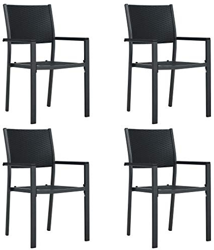 Drainlyn trädgårdsstolar 4 st. Svart plast med rottinglook, väderbeständig balkongstol och terrassstol med stålram, stapelbar, platsbesparande för utomhus och trädgård