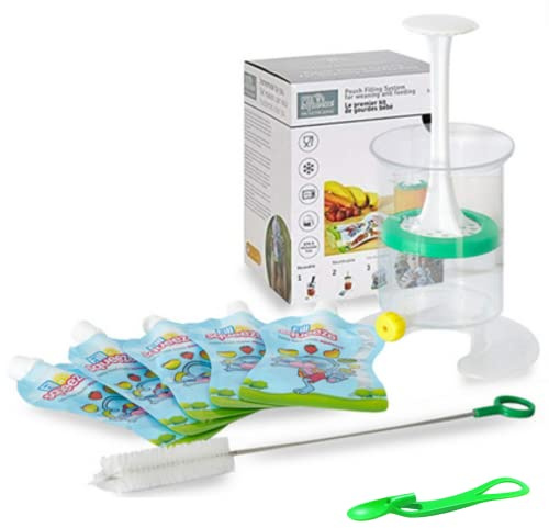 Fill n Squeeze Homemade Food Pouch Filler Kit with 5 Reusable Pouches, Pouch Spoon & Cleaning Brush for Weaning, Baby Food, Toddler Snacks. Reusable Pouches, Freezer Safe and Microwavable.