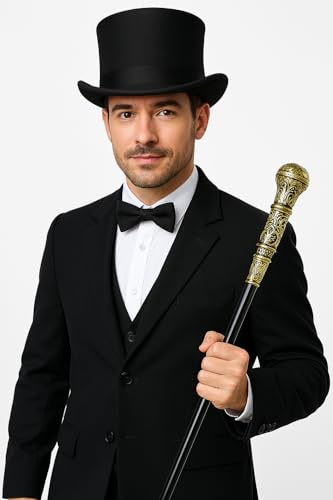 GCC Fashion Store Adults Kids Posh Rich Victorian Gentleman Black Top Hat & Cane Party Set (Hat & Cane Set)