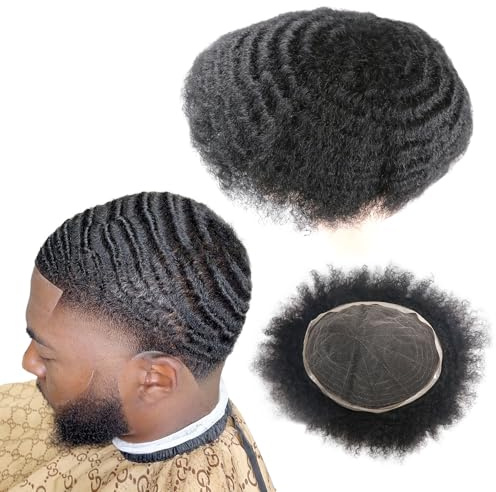 lumeng Afro Toupee Male Hair Unit Black Mans Wigs Curly Men Toupee 100% Human Hair African American Toupee for Men Male Wave Hairpiece 8MM Wave 360 Hair Unit 8x10inch French Lace 1# Jet Black