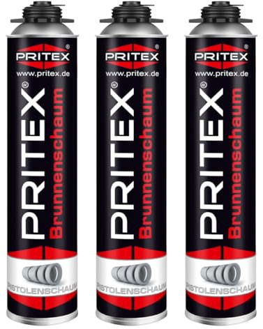PRITEX – Brunnenschaum 3 x 750 ml zur Montage von Brunnenschachtringen & Rohrelementen – Pistolenschaum mit sehr guter Haftung & hoher Beständigkeit – Bauschaum für Montagepistole