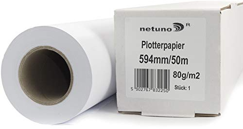Netuno 1 rulle bläckstråleskrivare plotterpapper 80 g 594 mm x 50 m 50 mm 2 tum kärna ritrullar vit matt obestruket högkvalitativt tecken papper för byggplaner tekniska ritningar tekniskt papper CAD