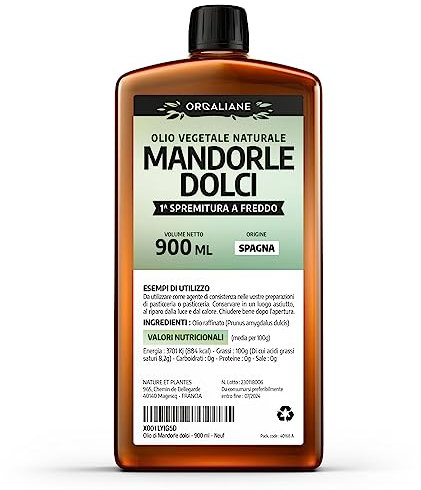 Mandorle Dolci Naturale 900 ml - Olio vegetale - ORGALIANE - Naturale, Puro e Spremuto a Freddo