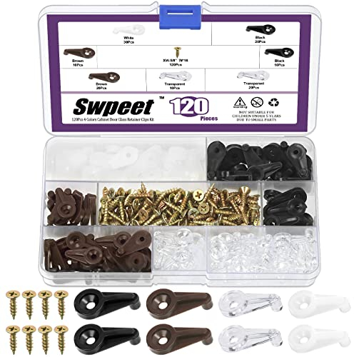 Swpeet Lot de 120 clips de fixation pour verre de 4 couleurs avec vis assorties - Assortiment de clips pour armoire, fenêtre, fenêtre, fenêtre, armoire, porte, porte