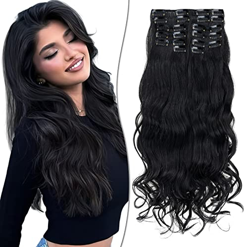 SEGO 55cm Clip in Extensions 12 Teiliges SET 22 Clips wie Echthaar Haarverlängerungen Haarteile Gewellt günstig für Voller Kopf 180g Schwarz