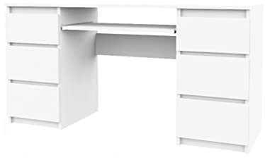 VBChome Schreibtisch 130x50 cm Weiß Matt – Computertisch mit 6 Schubladen, Moderner Bürotisch, PC-Tisch, Arbeitstisch für Home Office & Büro
