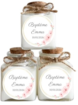 Bougies personnalisées Baptême, cadeau d'invités, thème fleuri. (Lot de 10 bougies) (Vanille)