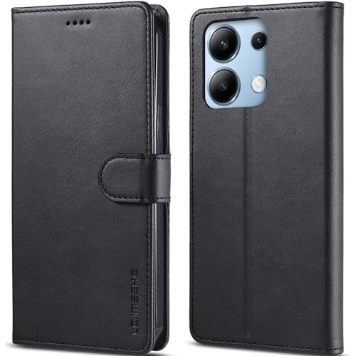WAURZ Hülle für Xiaomi Redmi Note 13 4G, Schutzhülle Leder Klappbar Flip Case mit Kartenfach Magnet Ständer Handytasche Hüllen Etui Cover Klapphülle für Redmi Note 13 4G, Schwarz