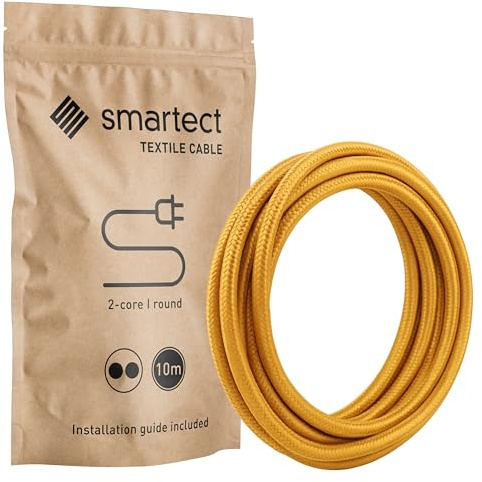 smartect Cable Textil 2 Hilos (2 x 0.75 mm²) en Oro, 10 Metros | Vintage Cable Eléctrico, Cuerda para Lámpara con Revestimiento Textil para tu Proyecto DIY