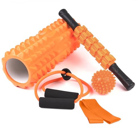 unycos - Foam Roller【PP/EVA】| Kit 5 in 1, Rullo per Massaggio Muscolare che Supporta 120 kg, Fascia di Resistenza Fitness, Palla, Bastone di Riabilitazione, Corda di Forma e Custodia (Arancione)
