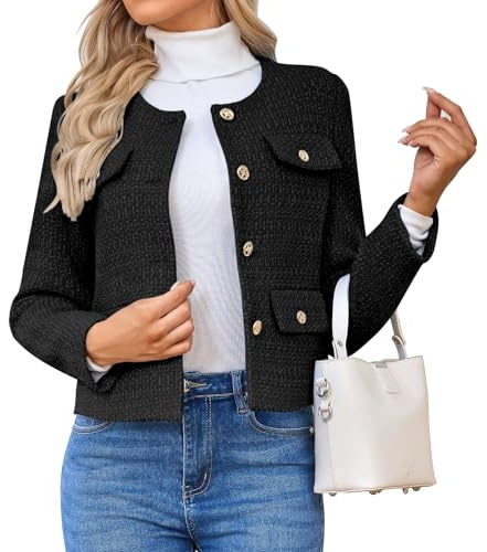 HUEOBIR Blazer en Tweed pour Femme, décontracté, à Manches Longues, boutonné, pour Affaires, Court, décontracté, Vestes Courtes
