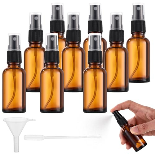 Nuangoo 10Piezas Bote Spray Pulverizador Cristal Ambar, 30 ml pulverizador cristal, con gotero y embudo, adecuado para aceites esenciales, Productos para el Cuidado de la piel, Perfumes, Masajes