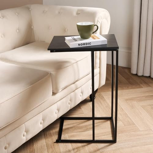OHS Black Sofa Side Table, C Shape Side Table Bedroom Over Bed Table Living Room Coffee Table Over Sofa Metal Frame Storage Decorative Space Saver