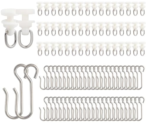 100 Pcs Curtain Track Gliders Hooks, 50 Pcs Plastic Curtain Track Glider and 50 Pcs Metal Curtain Track Hooks S Shaped for Shower Curtain, Curtain Track Rollers for Bendable Curtain Track Pulley