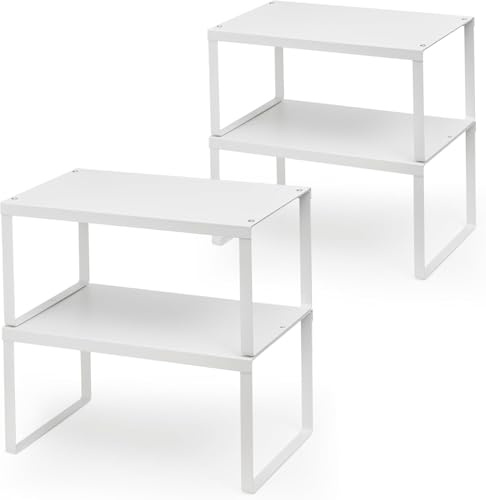 JEPEErbz Kitchen Cupboard Organiser, 4-Pack Cabinet Storage Shelf Organizer Rack, Metal Expandable Spice Holder, Stackable Storage Shelves for Cupboard, Shelf Insert, Countertop,Pantry (White)