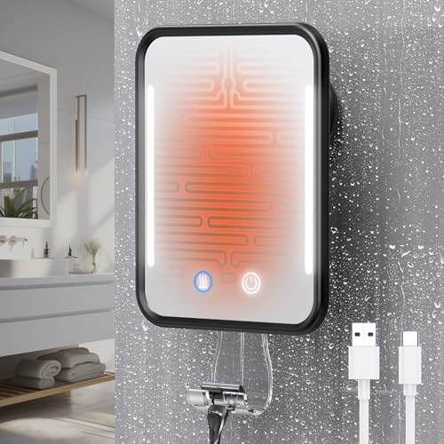 Gospire Heated Shower Mirror Fogless for Shaving with Light, 5000mAh Rechargeable Shaving Mirror, Detachable Suction Cup, NO-Drilling, Waterproof for Bathroom - Black