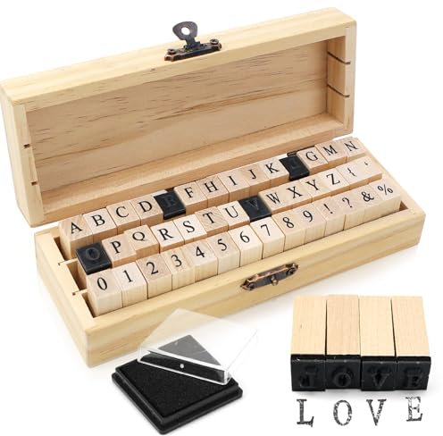 FSWWSF Stempel Set 42 Stück Stempel Buchstaben und Stempel Zahlen Holzstempel mit Stempelkissen Alphabet Holzstempel Buchstaben für Handwerk, DIY Karten, Scrapbooking (Buchstabenstempel)