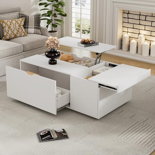 BTM Lift Up Coffee Table with Drawer, Wooden Coffee Table with Storage for Living Room Furniture, White, 65x117x56cm