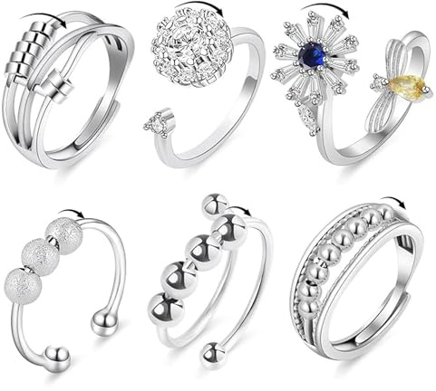 CHUANFU 6 Pièces Bague Anti Stress Femme, Fidget Bague pour Femmes Ouverts Réglables, Spinner Anneaux Anti Stress Fleurs Anneaux Ensemble Empilables avec Sac Rangement, pour Soulager Anxiété, Argent