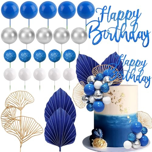 MEMOVAN Blue White Silver Ball Cake Toppers with Palm Leaves Foam Balls Cake Picks DIY Balloon Cake Insert Topper Blue Boho Cake Topper for Birthday Boho Wedding Baby Shower Anniversary Party