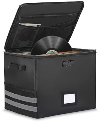 Gugxiom Caja de almacenamiento de discos de vinilo de 12 pulgadas con cerradura, caja de almacenamiento de vinilo ignífuga e impermeable, cajas de almacenamiento portátiles plegables para discos de