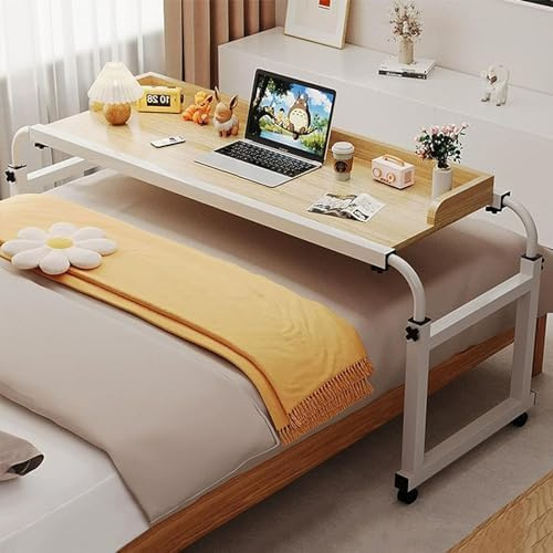 Bureau de lit réglable avec roulettes, hauteur 65-95 cm, convient pour lit jumeau/double/grand lit/king size, idéal pour ordinateur portable