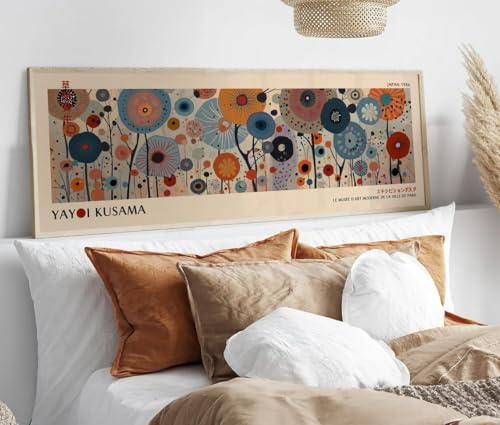 XINBAO Manifesto della mostra di Yayoi Kusama – Arte murale su tela colorata, lunga e stretta, grande dipinto orizzontale stretto. Decorazione per il letto (45x135 cm/cornice interna)