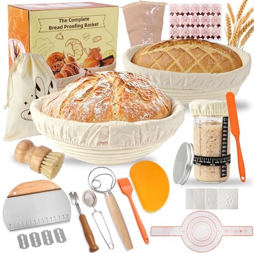 Gärkörbchen für Sauerteig Starter Set, 25cm & 23cm Gärkörbe, 23-Teiliges Brot Backzubehör, Brot Backen Startver Großes Geschenk für Anfänger & Erfahrene