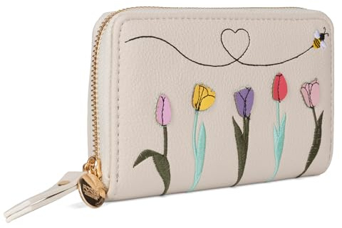 Woodland Leathers Italian Designed Women's Wallets, Card Cases & Money Organisers, Roomy, Super Soft and Fancy Ladies Purse Clutch, Multi Compartment Card Organiser Purse (Flower Beige)