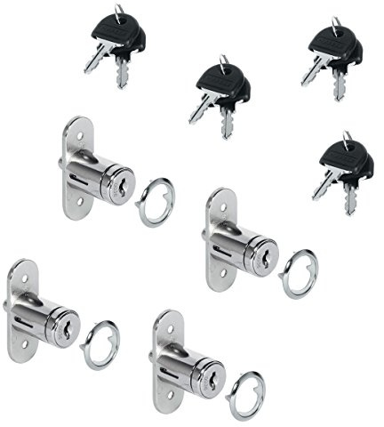 Gedotec Schrank-Schloss gleichsperrend Schiebetür-Schloss für Möbel und Vitrinen | Möbelschloss mit Plättchenzylinder | Zylinder-Ø 19 mm | 4 Stück - Bolzenschloss mit Druckzylinder für Schiebetüren